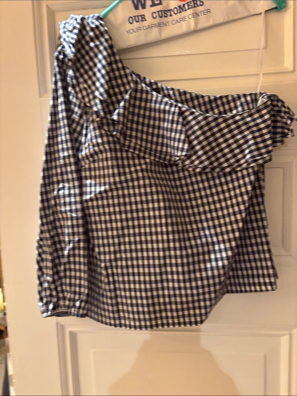 J. Crew Black and White Gingham One-Shoulder Ruffle Top